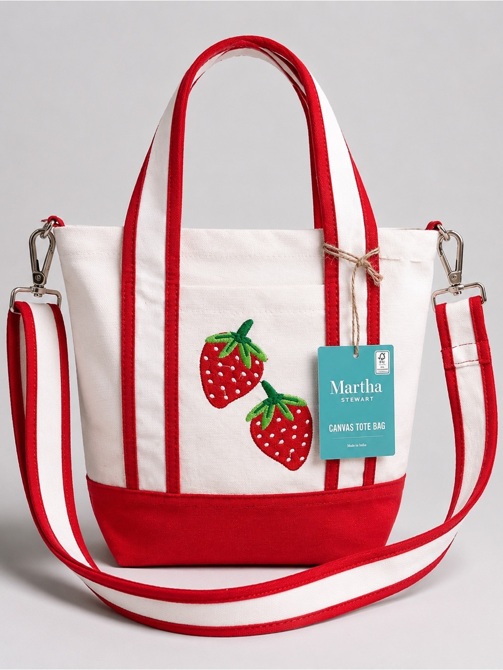 Martha Stewart Strawberry Canvas Tote Bag Red White - Crossbody Strap NWT 🍓